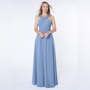 Azazie Kaleigh Steel Blue Flowy Pleated Chiffon Dress